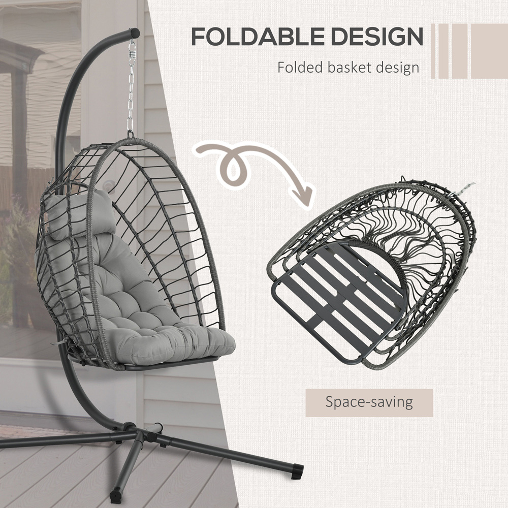 Outsunny Grey Rattan Swing Egg Chair with Cushions Image 4