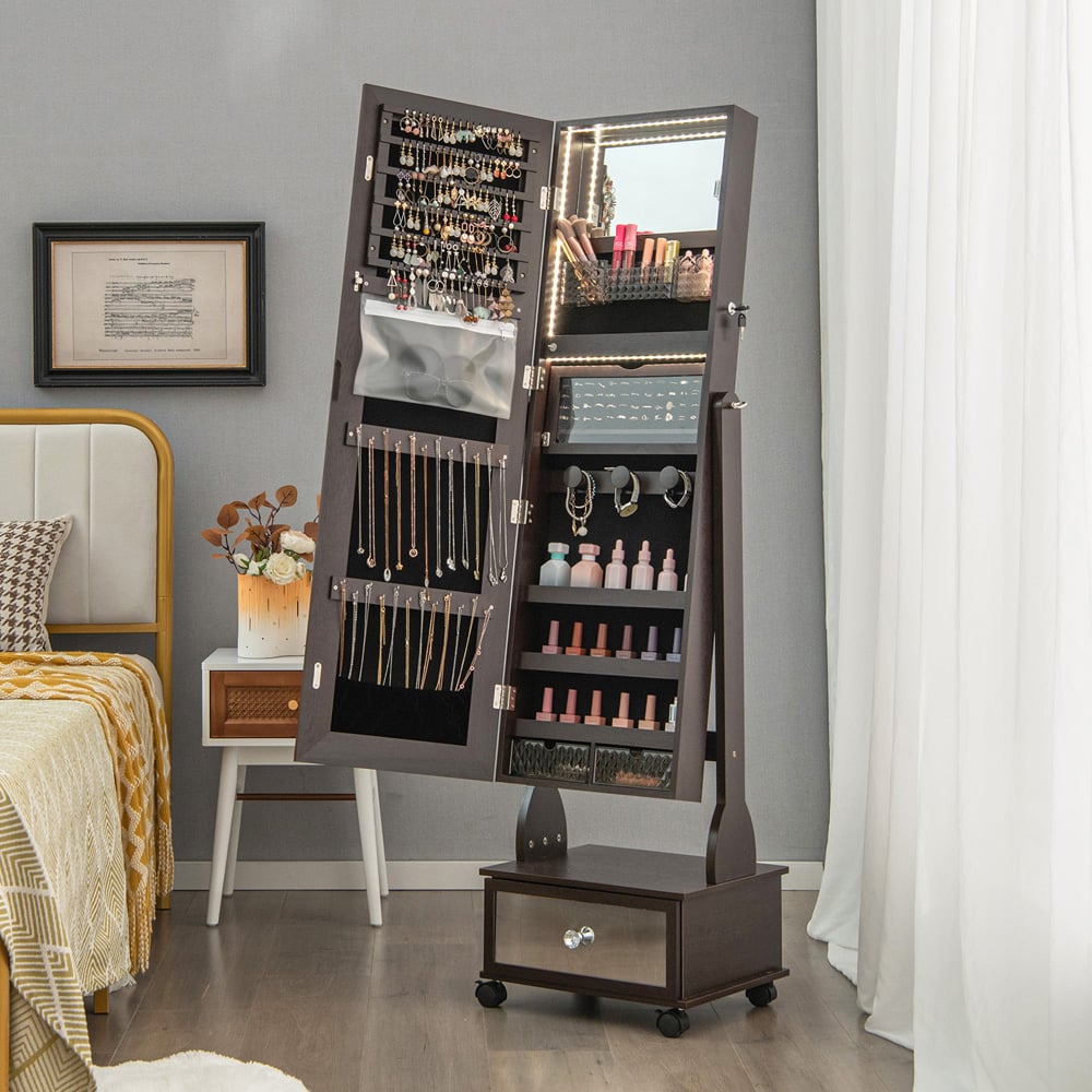 Costway Single Door Single Drawer Brown Mirrored LED Jewellery Cabinet Image 2
