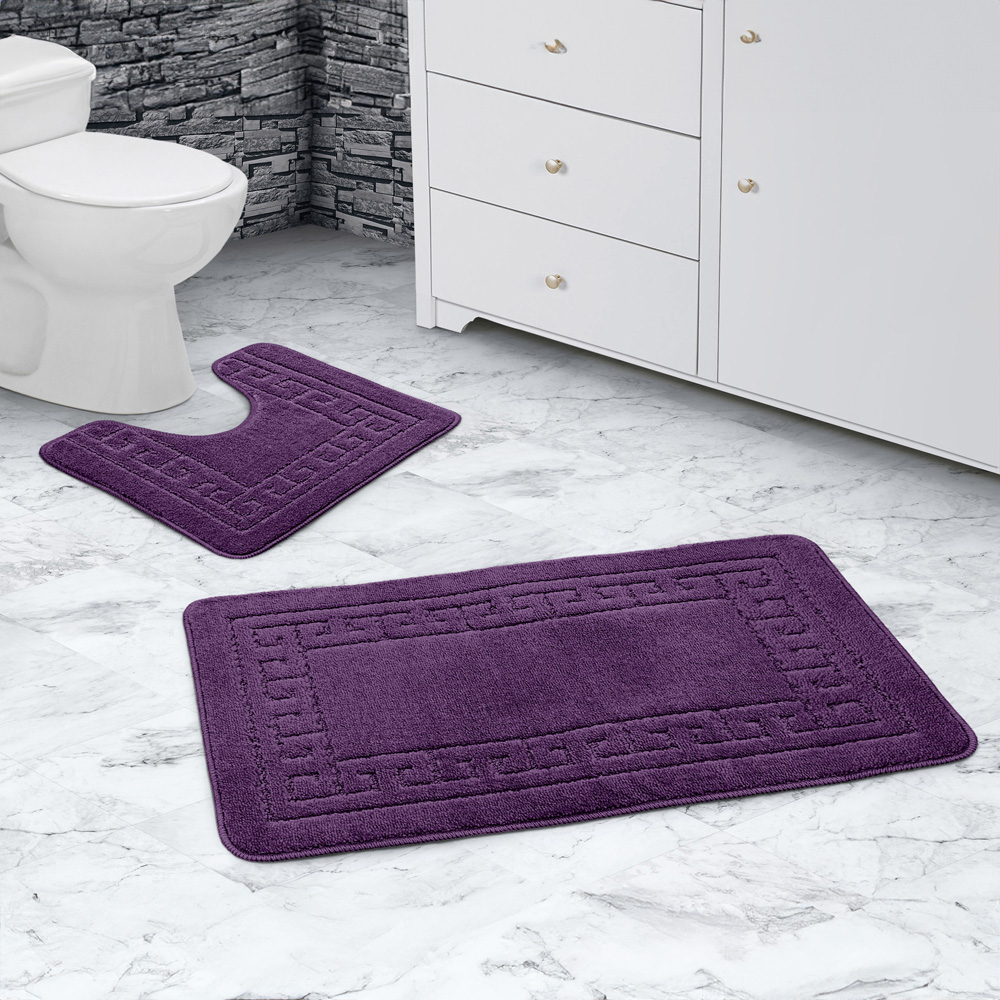 Velosso Greek Key Aubergine and Mauve Bath Mat Set Image 2