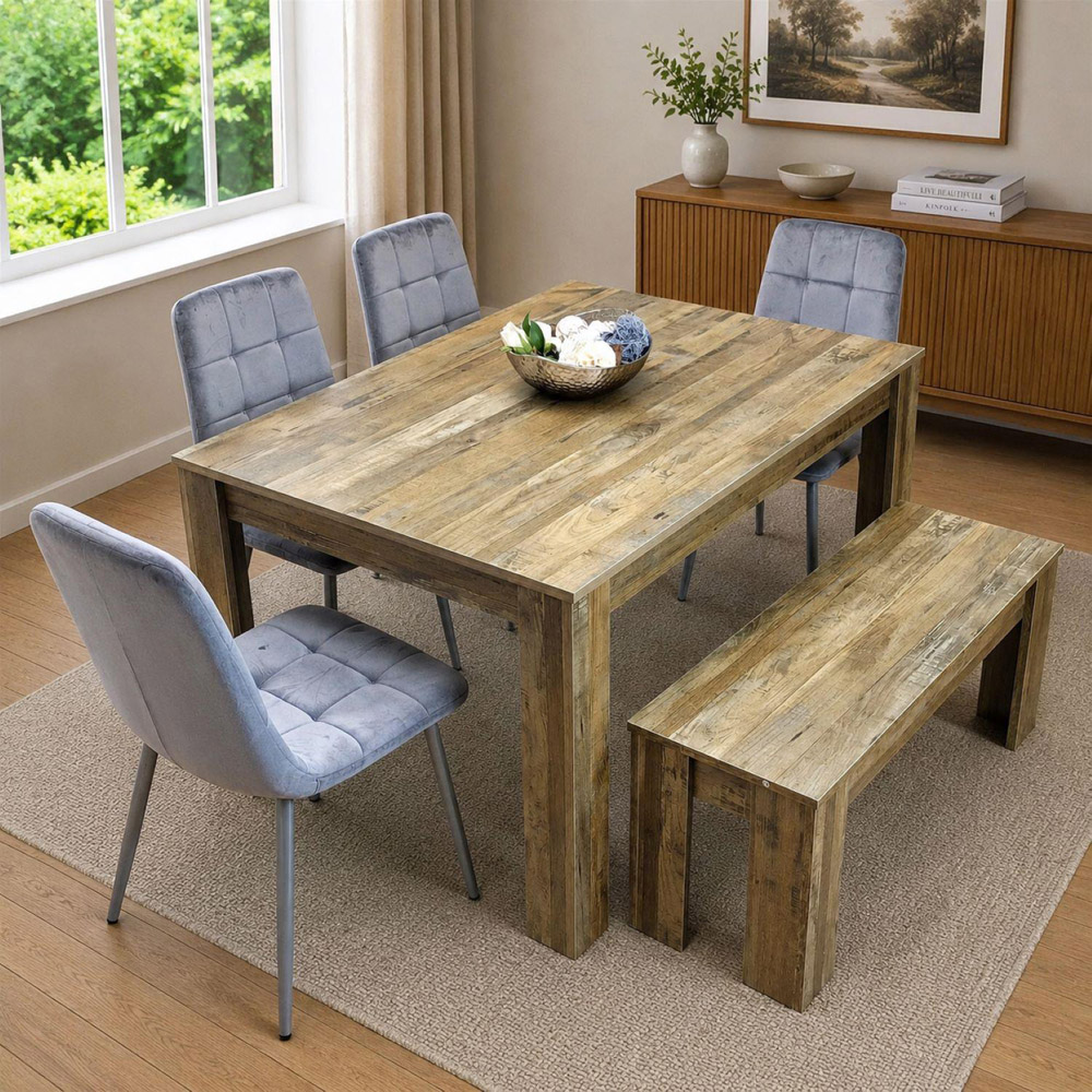 Portland 6 Seater Velvet Dining Bench Set Rustic Effect and Grey Image 1