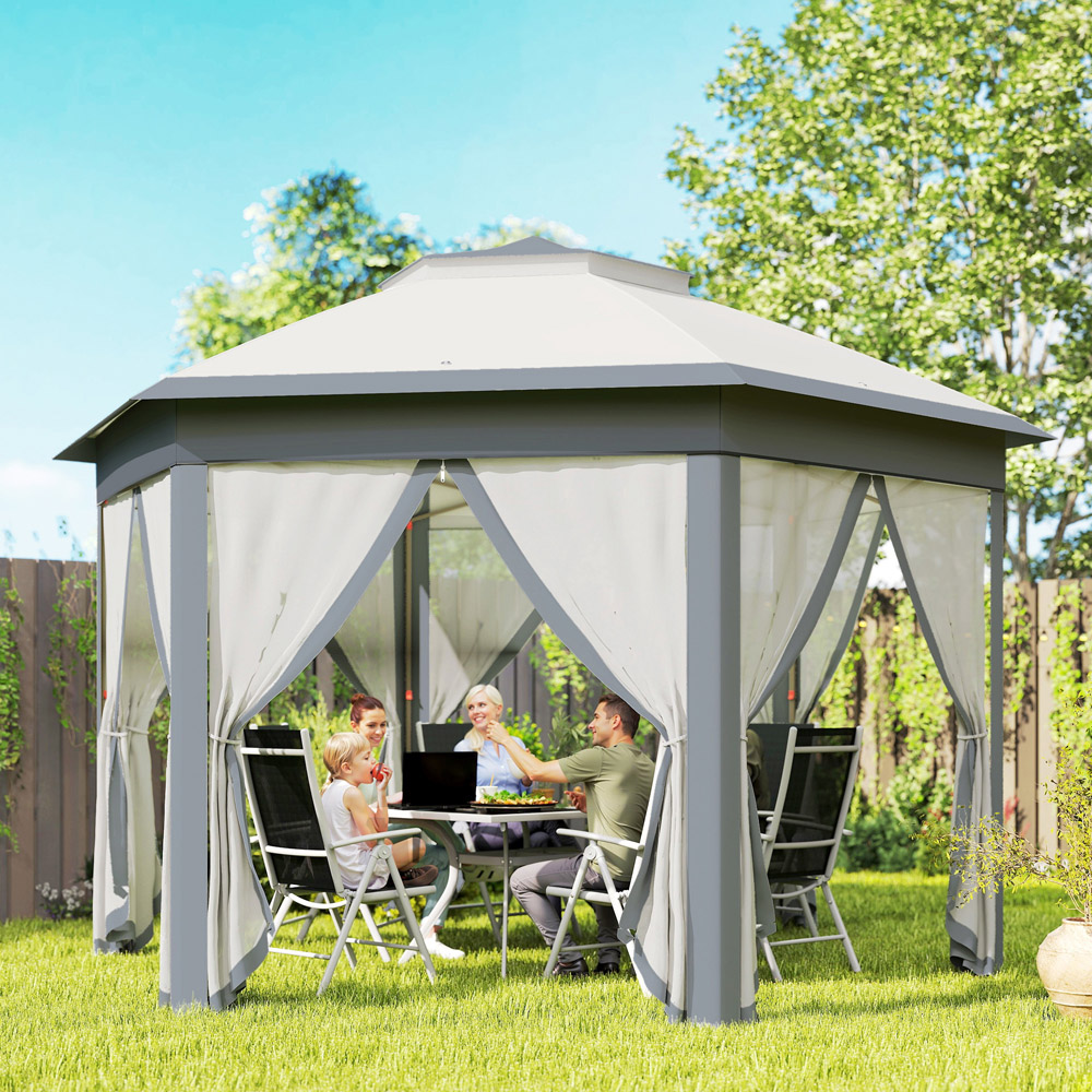 Outsunny 4 x 4m Grey Hexagon Marquee Patio Gazebo with Sides Image 1