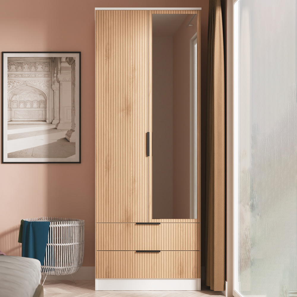 Crowndale Java 2 Door 2 Drawer Slatt Effect and White Tall Mirrored Wardrobe Ready Assembled Image 1