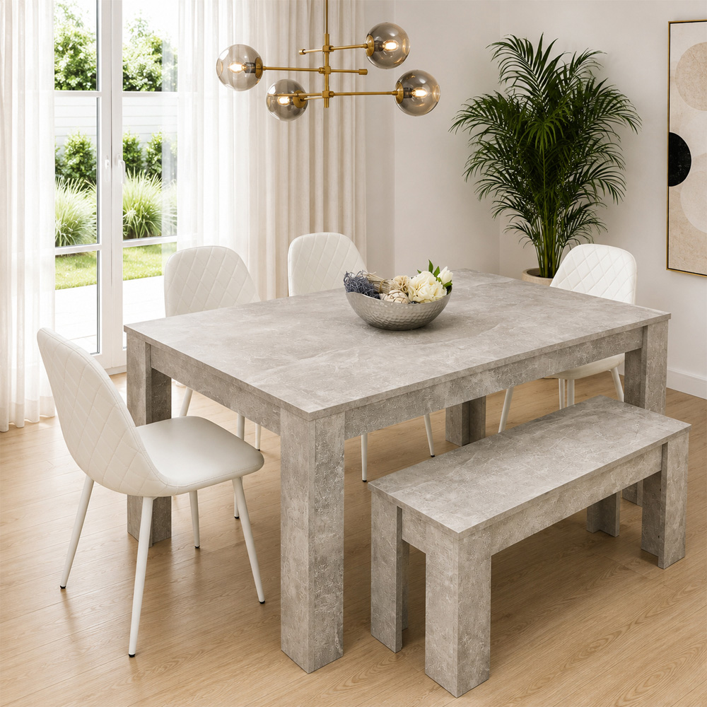 Kosy Koala 6 Seater Faux Leather Rectangular Dining Bench Set Stone Grey Effect and White Image 2