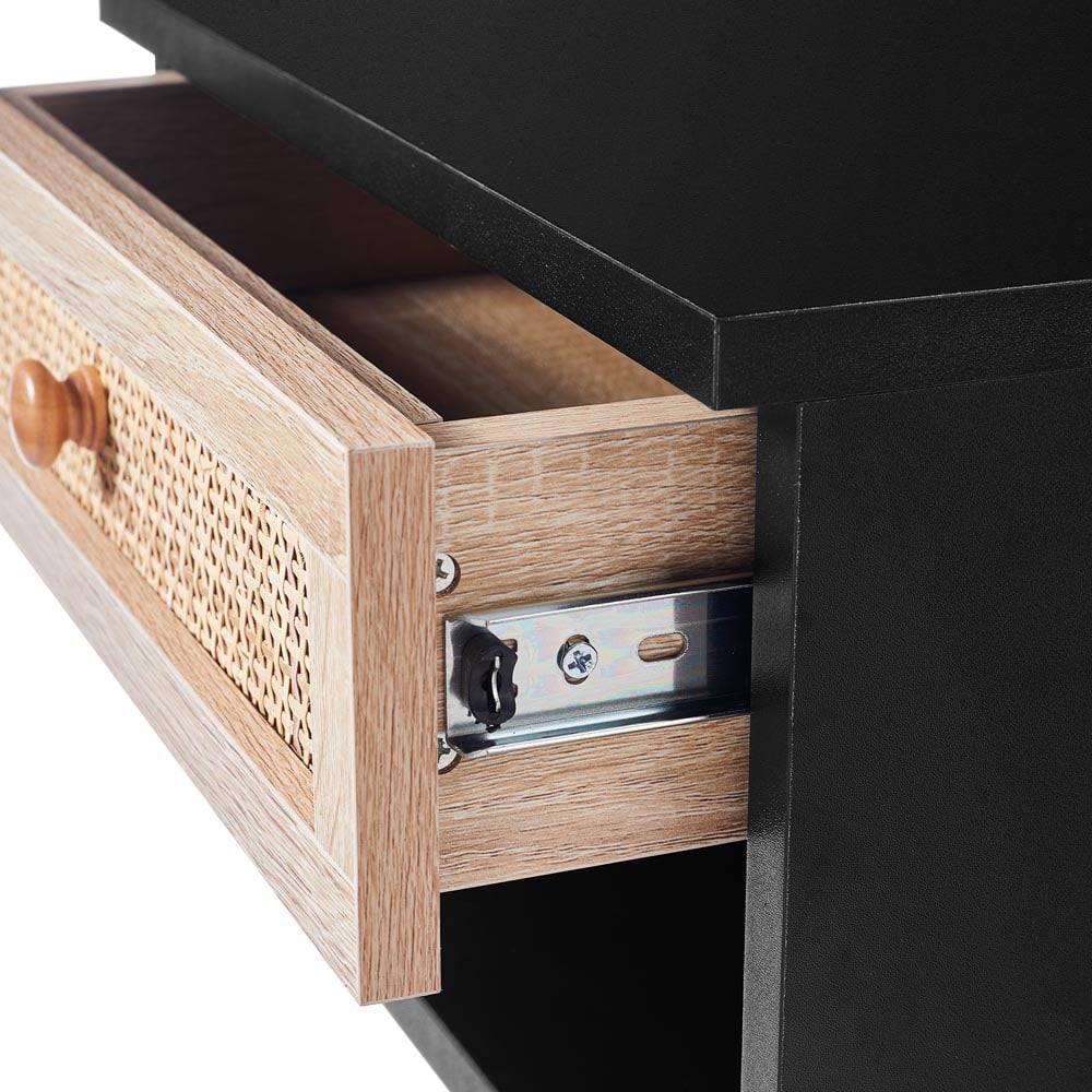 H&O Direct Single Drawer Single Shelf Black Woven Rattan Floating Nightstand Image 4