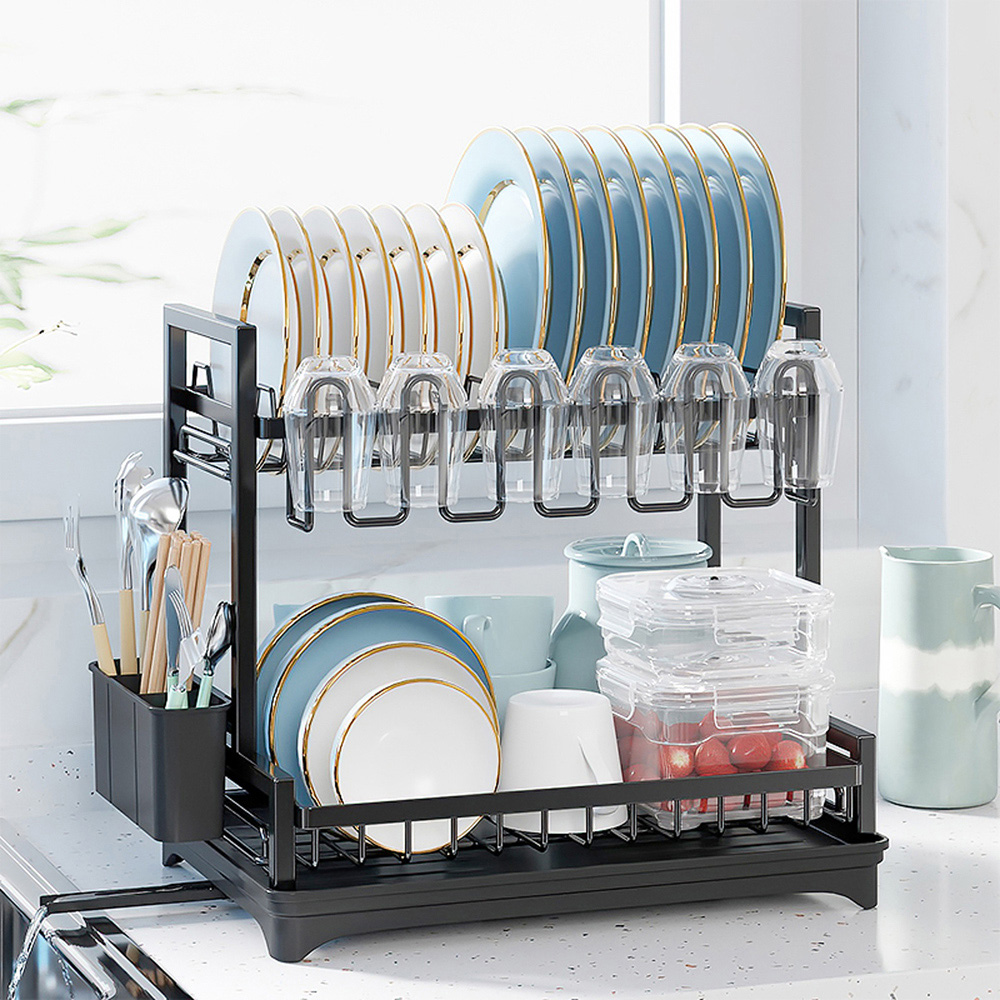 Neo 2 Tier Black Large Dish Drying Rack with Drip Tray Image 4