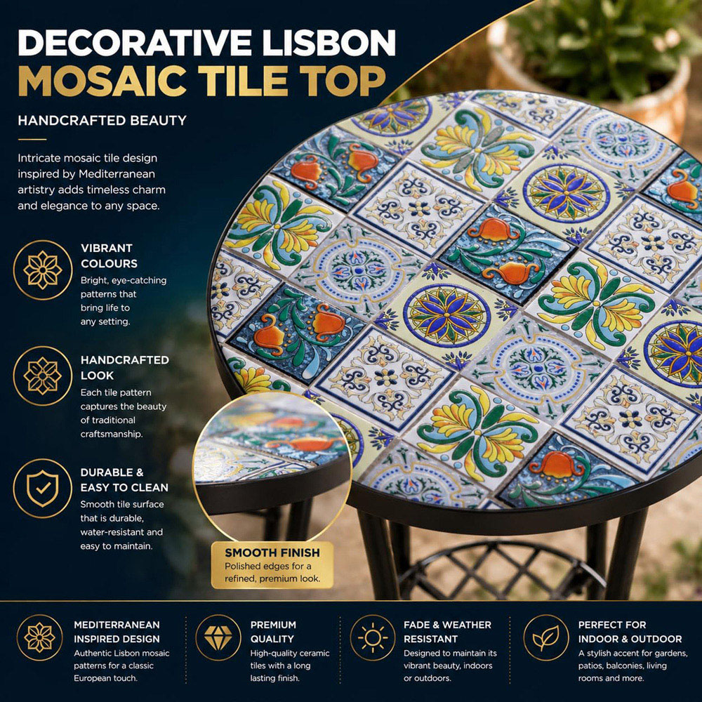 Shatchi Lisbon 2-in-1 Single Shelf Mosaic Ceramic Tile Top Plant Stand Side Table Image 4