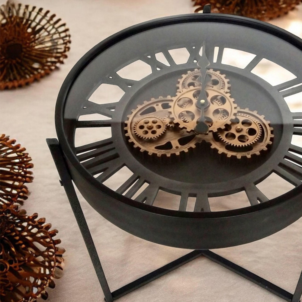 Acacia Home Black and Gold Gear Table Clock 49cm Image 3