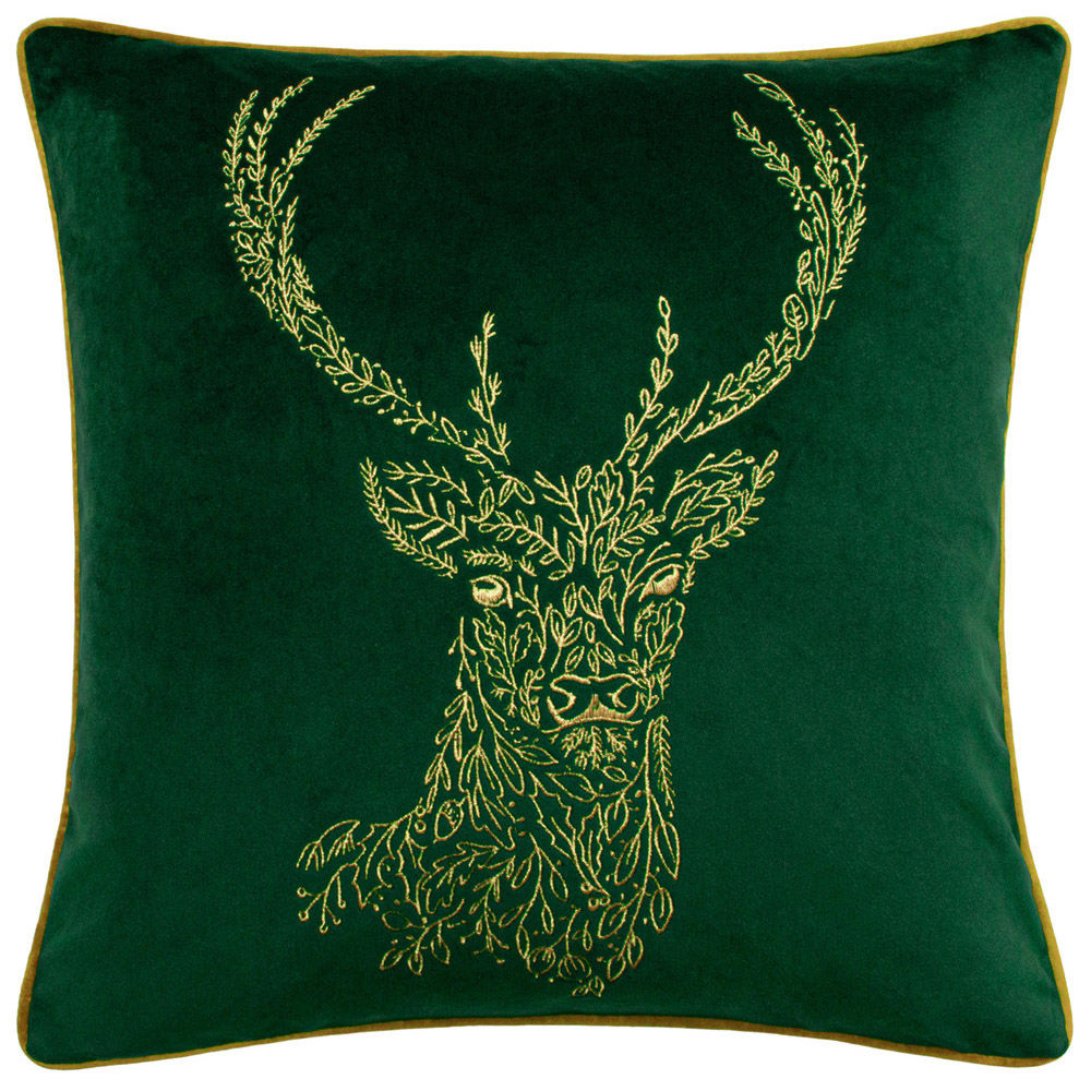 furn. Forest Fauna Emerald and Gold Stag Velvet Piped Cushion Image 1