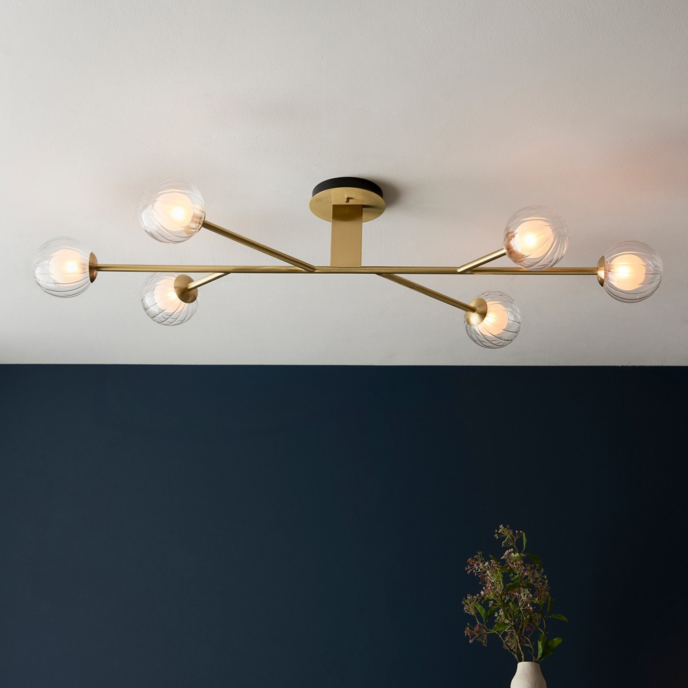 Merano Rome 6 Light Glass Satin Brass Plate Semi Flush Ceiling Light Image 2