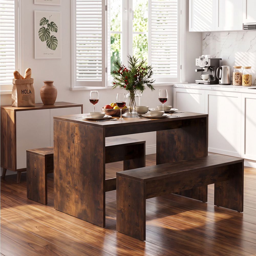 Living and Home 2 Seater Dining Bench Set Brown Wood Grain Image 8