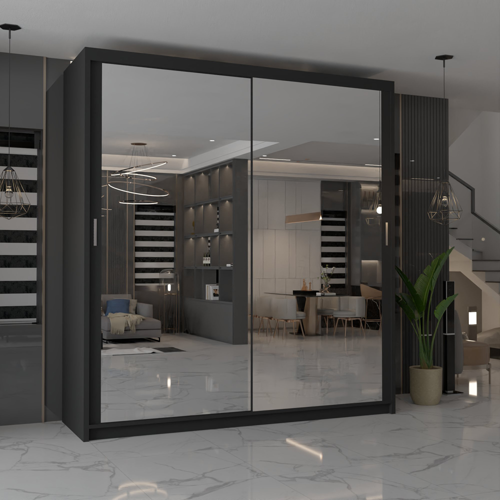 M N Furniture Modern Gala 2 Door Black Mirrored Sliding Wardrobe 180cm Image 3