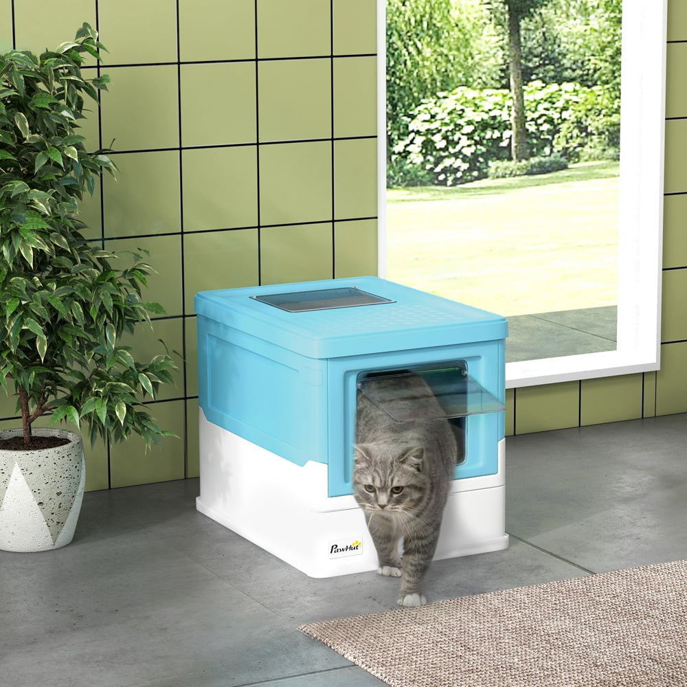 PawHut Light Blue Hooded Cat Litter Box with Scoop and Tray Image 2