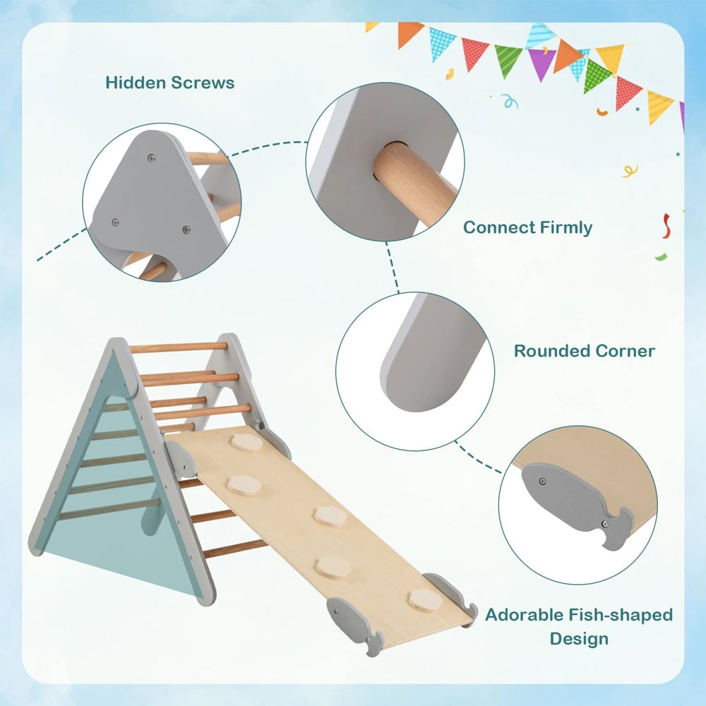 Costway Kids 2 in 1 Grey Wooden Climbing Ladder with Ramp Image 8