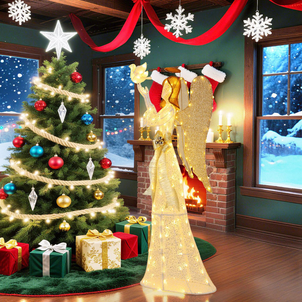 Costway 3D Lighted Angel with Pigeon and Golden Wings Christmas Decoration Image 3