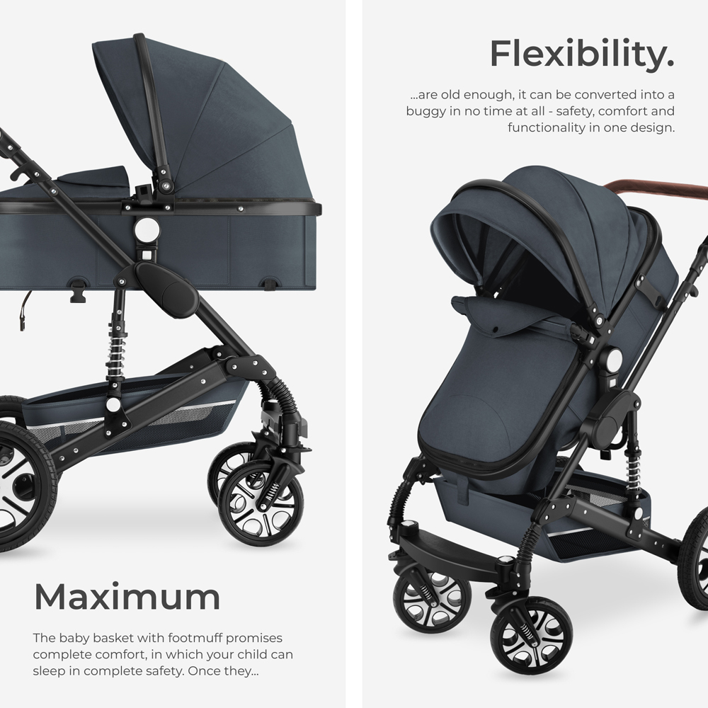 tectake Anthracite Foldable Pram Stroller with 5 Point Harness Safety Bar and Wrist Strap Image 4