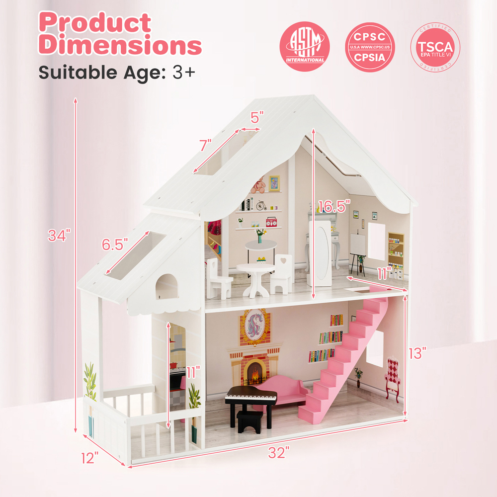 Costway White Kids Wooden Dollhouse Image 4