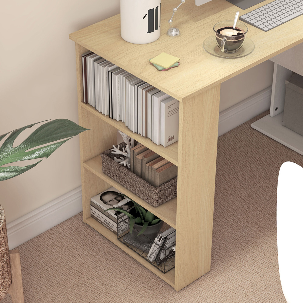 HOMCOM 5 Shelf Rotatable L-Shaped Corner Desk Natural and White Image 4