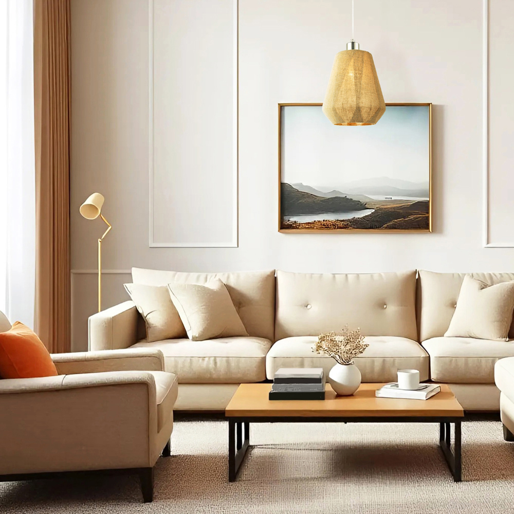 Happy Homewares Natural Oatmeal Linen Glass Pendant Lamp Shade Image 2