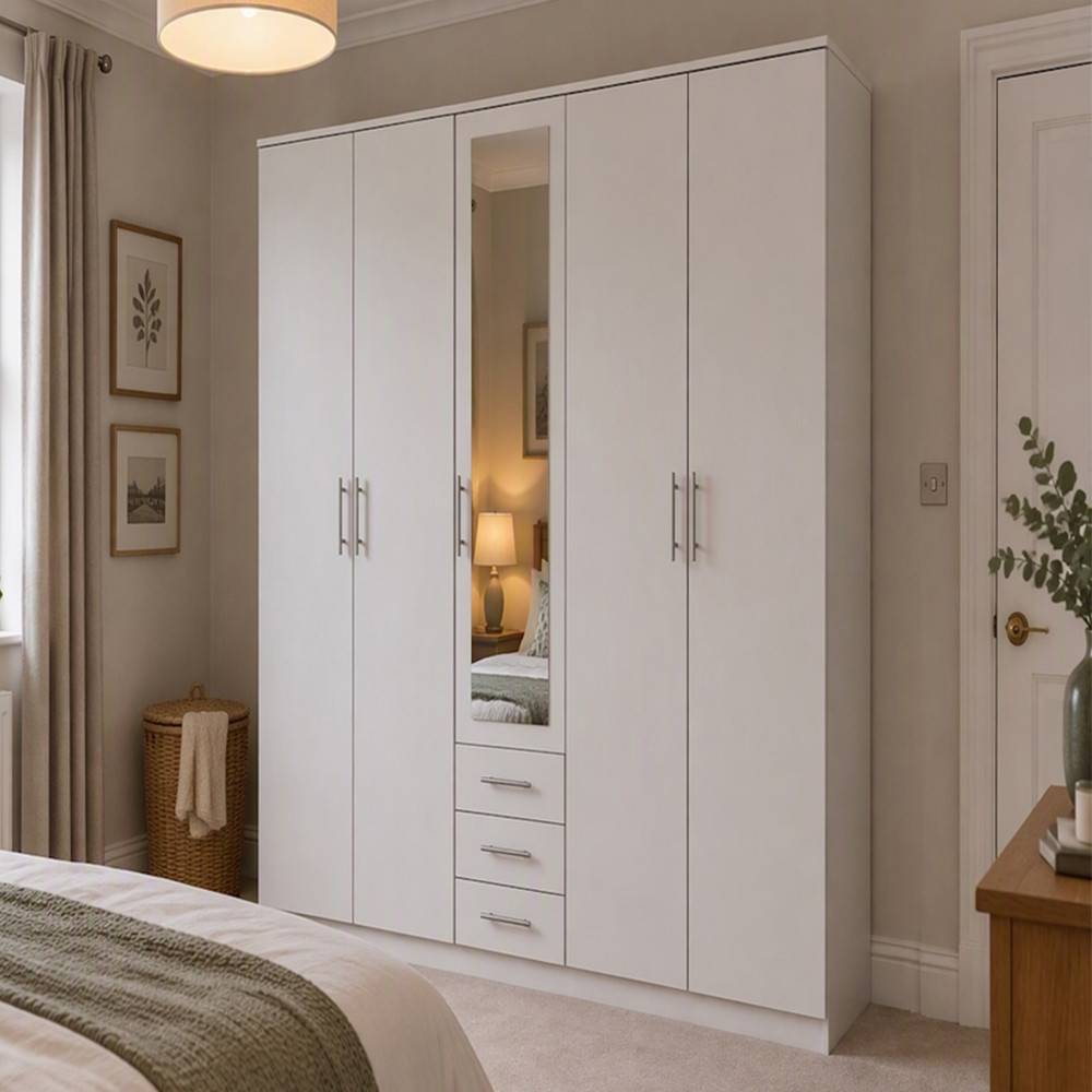 TJ'S Oxford 5 Door 3 Drawer White Wardrobe with Mirror Image 1