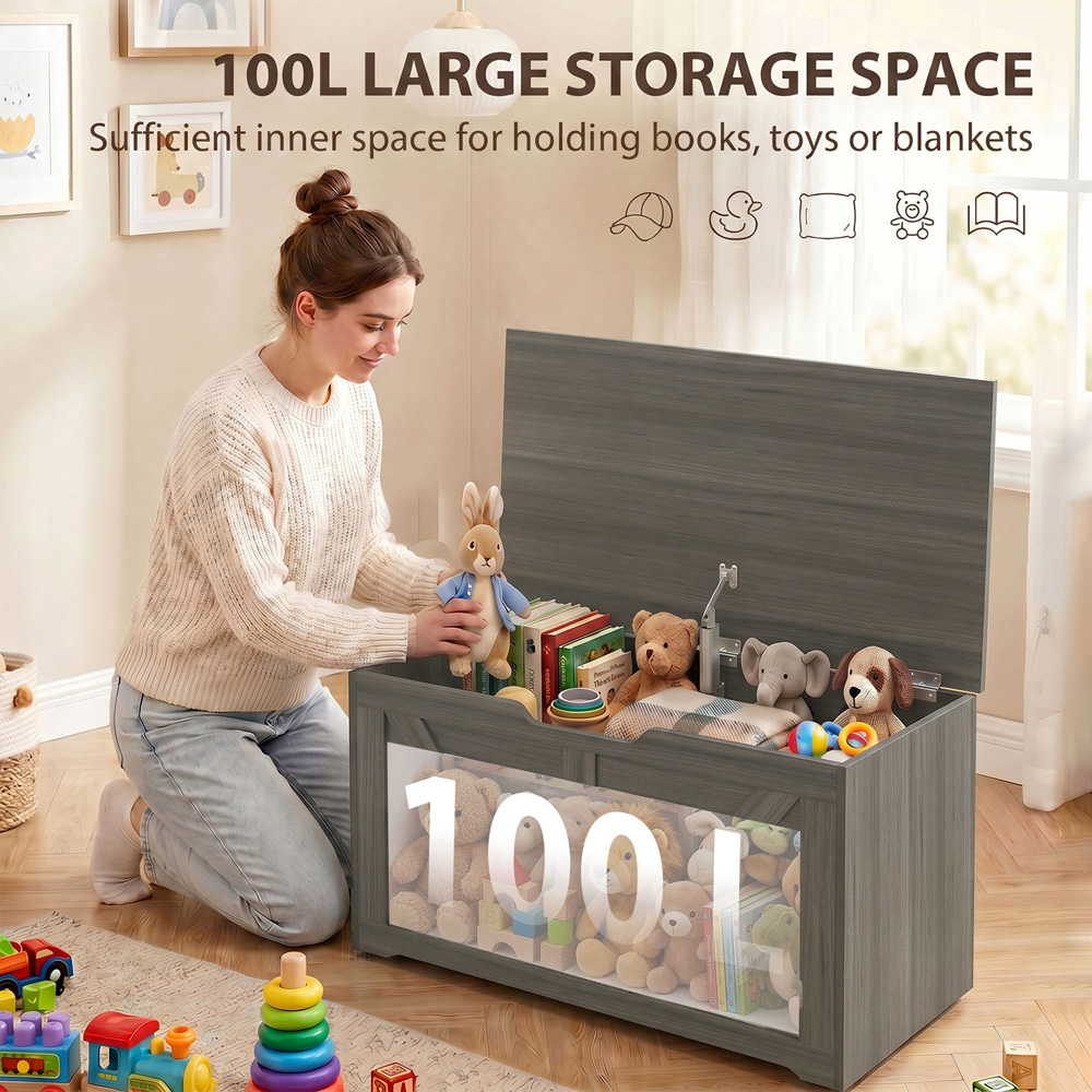 HOMCOM 100L Dark Grey Storage Trunk with Safety Hinge Image 5