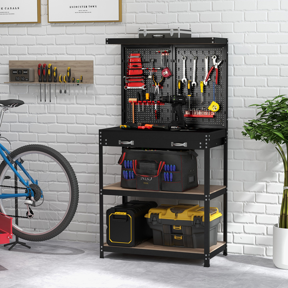Costway Single Drawer 3 Shelf Red Tool Storage Workbench with Pegboard Image 4