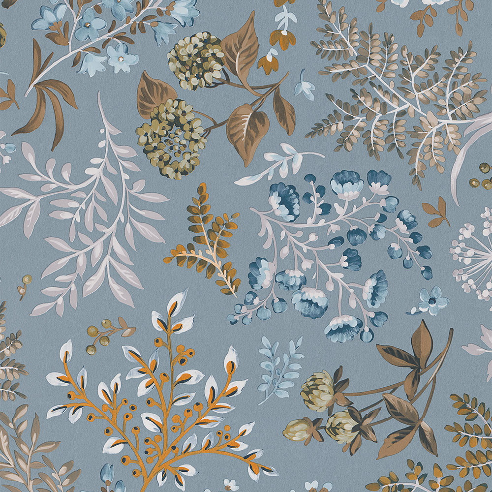 Erismann Cottage Floral Leaves Grey and Blue Wallpaper Image 1