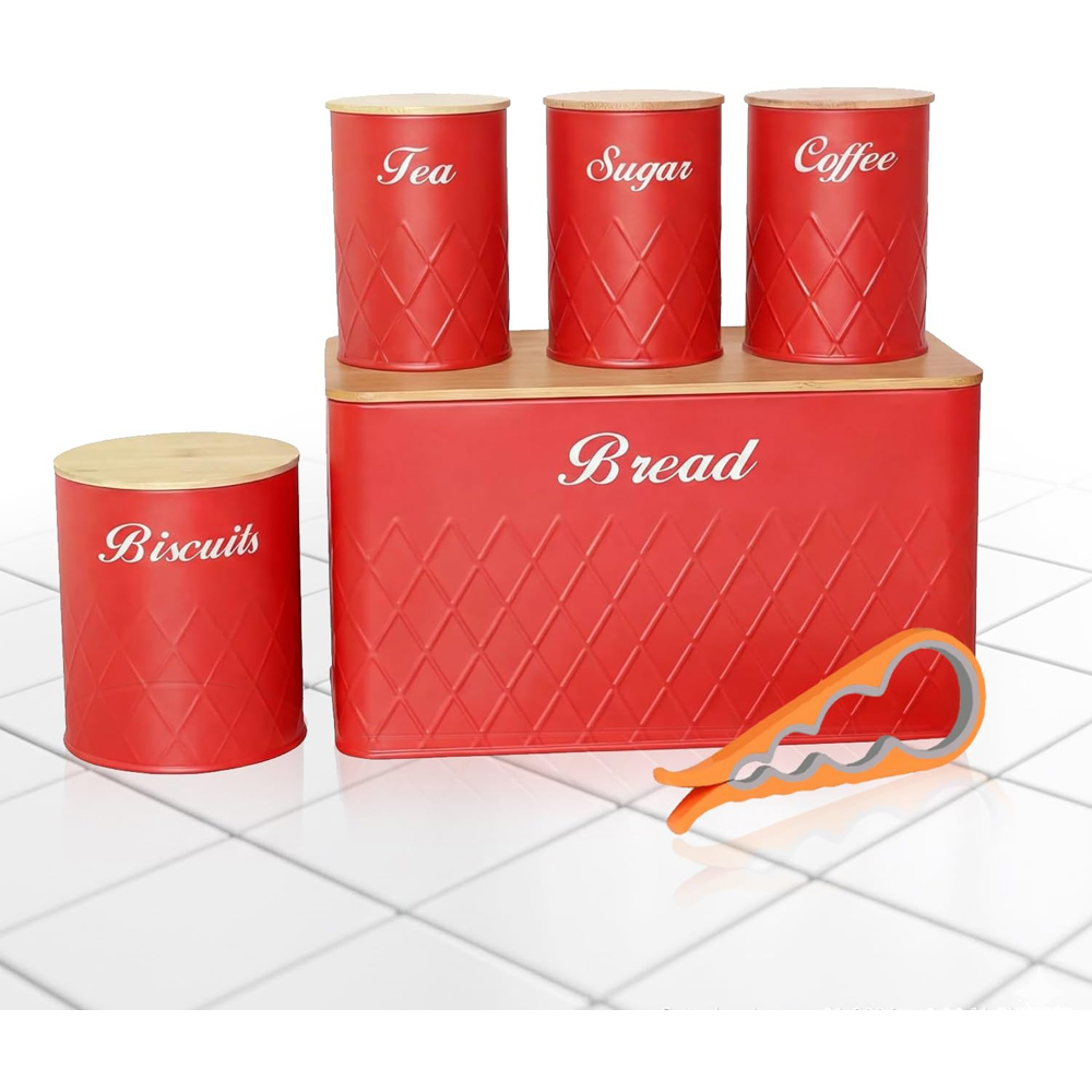 ATEK 5 Piece Red Kitchen Canister Set with Bamboo Lids Image 2