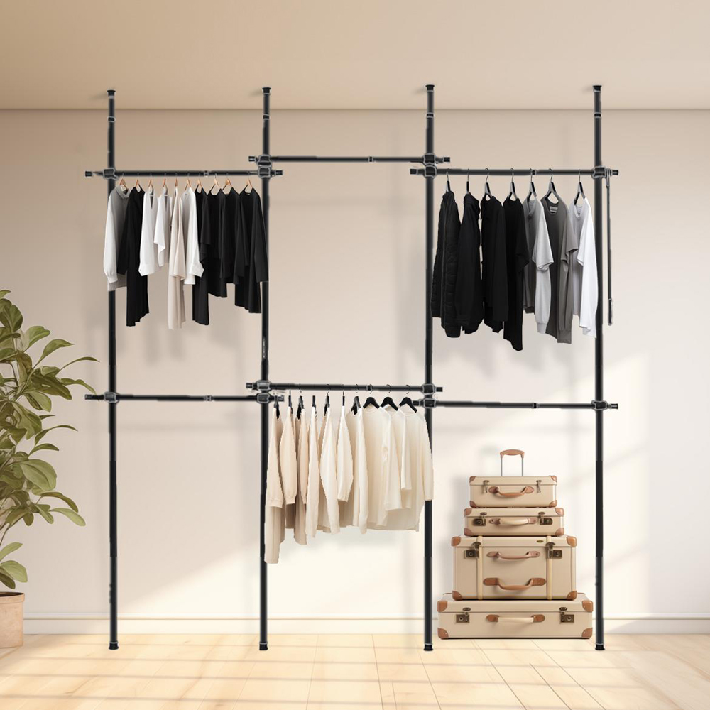 House of Home 2 Tier Triple Telescopic Hanging Rail Adjustable Black Wardrobe Image 2