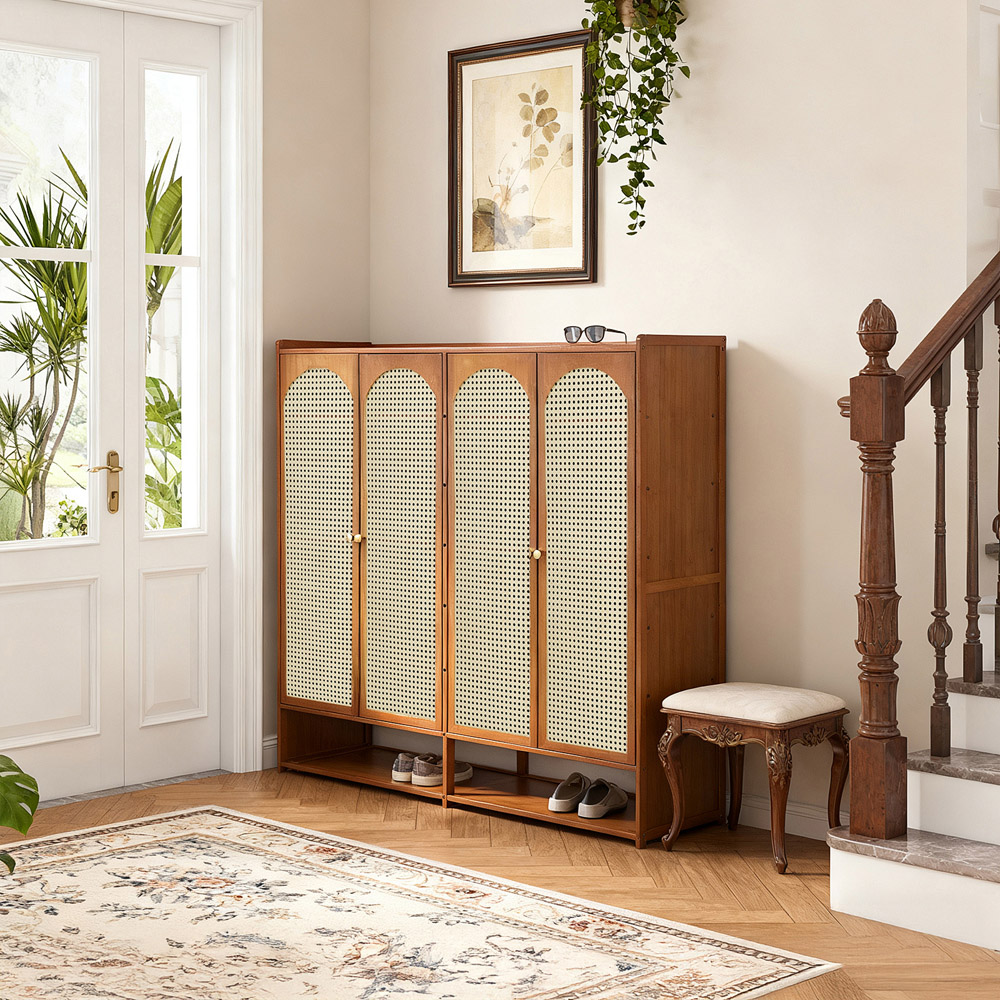 Living and Home 4 Door Single Open Shelf Brown Rattan Shoe Cabinet Image 8