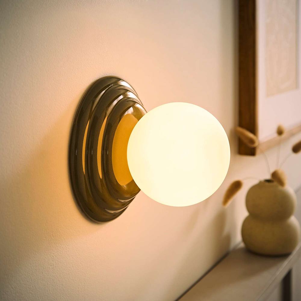 ValueLights Rue Frosted Glass Shade Olive Ribbed Ceramic Base Flush Wall Light with Bulb Image 2