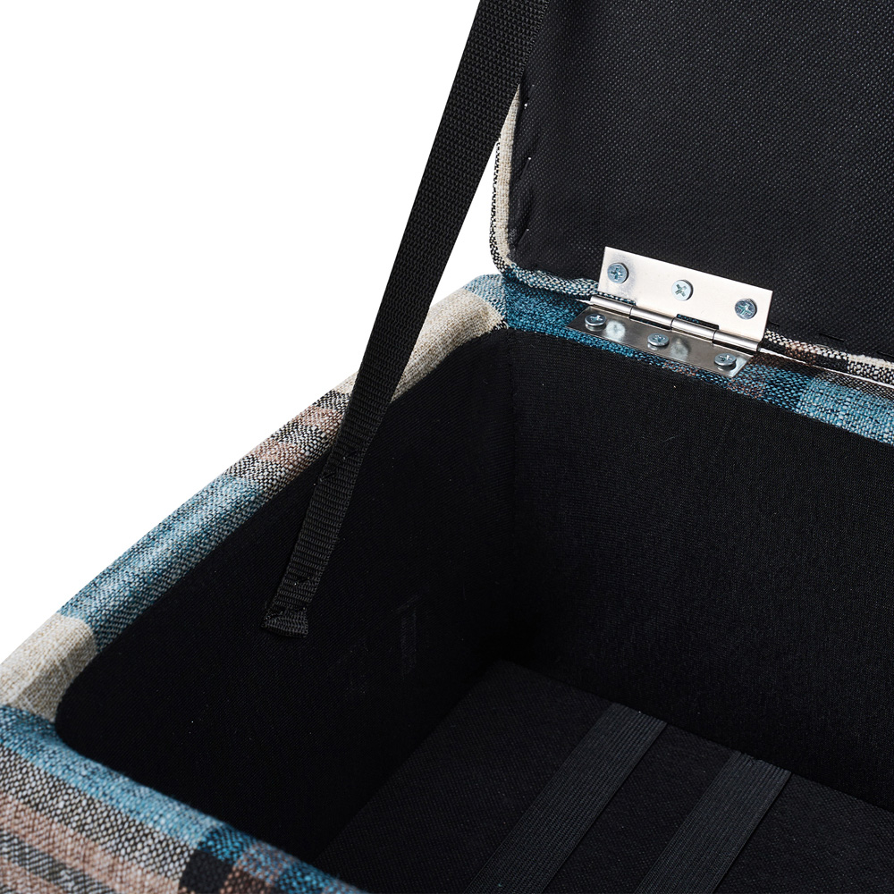 Living and Home Blue Tartan Linen Storage Ottoman Image 5