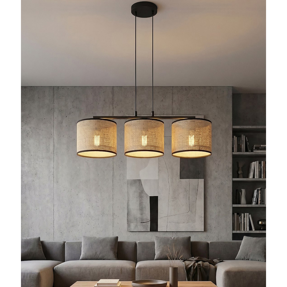 Emibig Eco 3 Light Rattan Cylindrical Shade Black E27 Ceiling Pendant Light Image 7