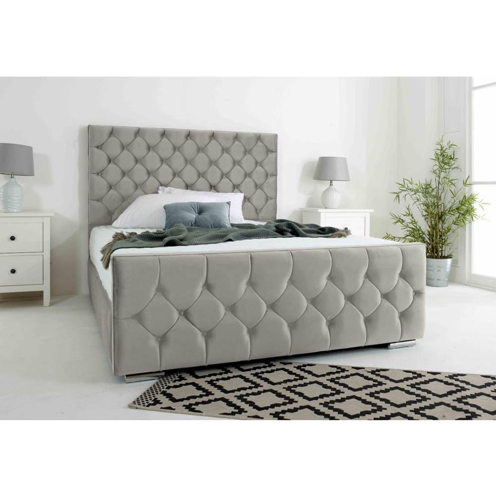 Eleganza Maya Small Double Silver Plush Velvet Bed Frame with Chesterfield Headboard Image 2