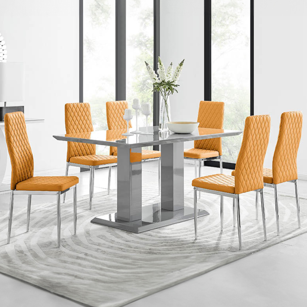 Furniturebox Molini Modern Valera 6 Seater Dining Set Grey Gloss Mustard Yellow and Chrome Image 1