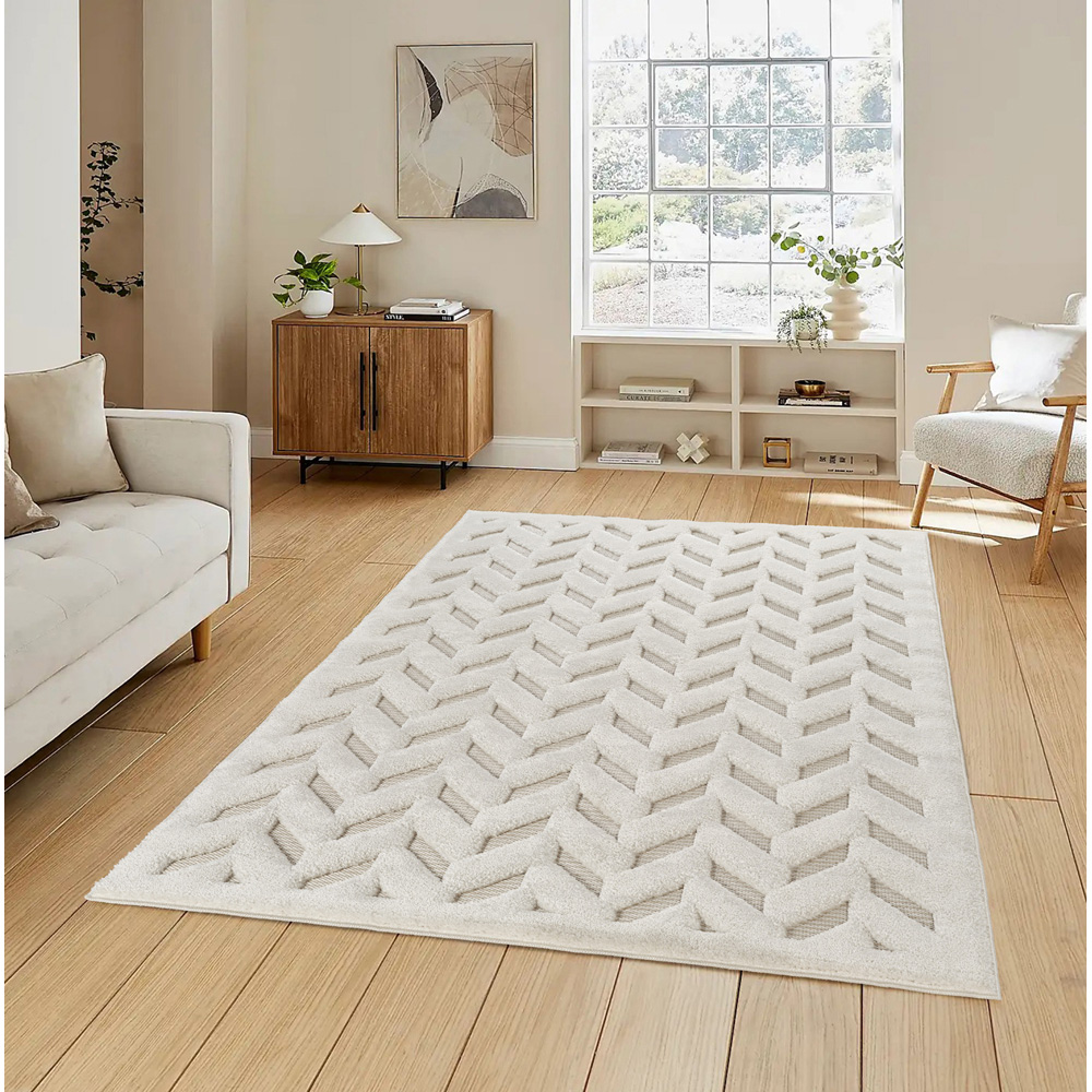 Freya Living Room Area Rug Contemporary 3D Embossed Modern Herringbone Design - Cream 120cm x 170cm Image 2