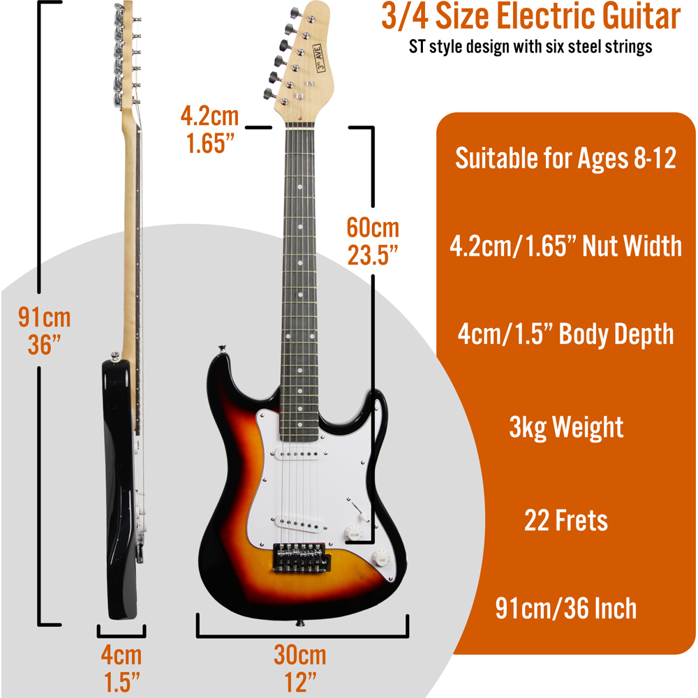 3rd Avenue Sunburst 3/4 Size Electric Guitar Set Image 6