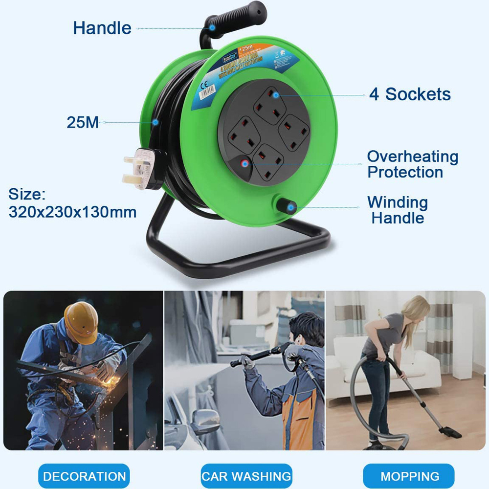 ExtraStar 13A 25m 4 Socket Green Unswitched Heavy Duty Cable Reel Image 4