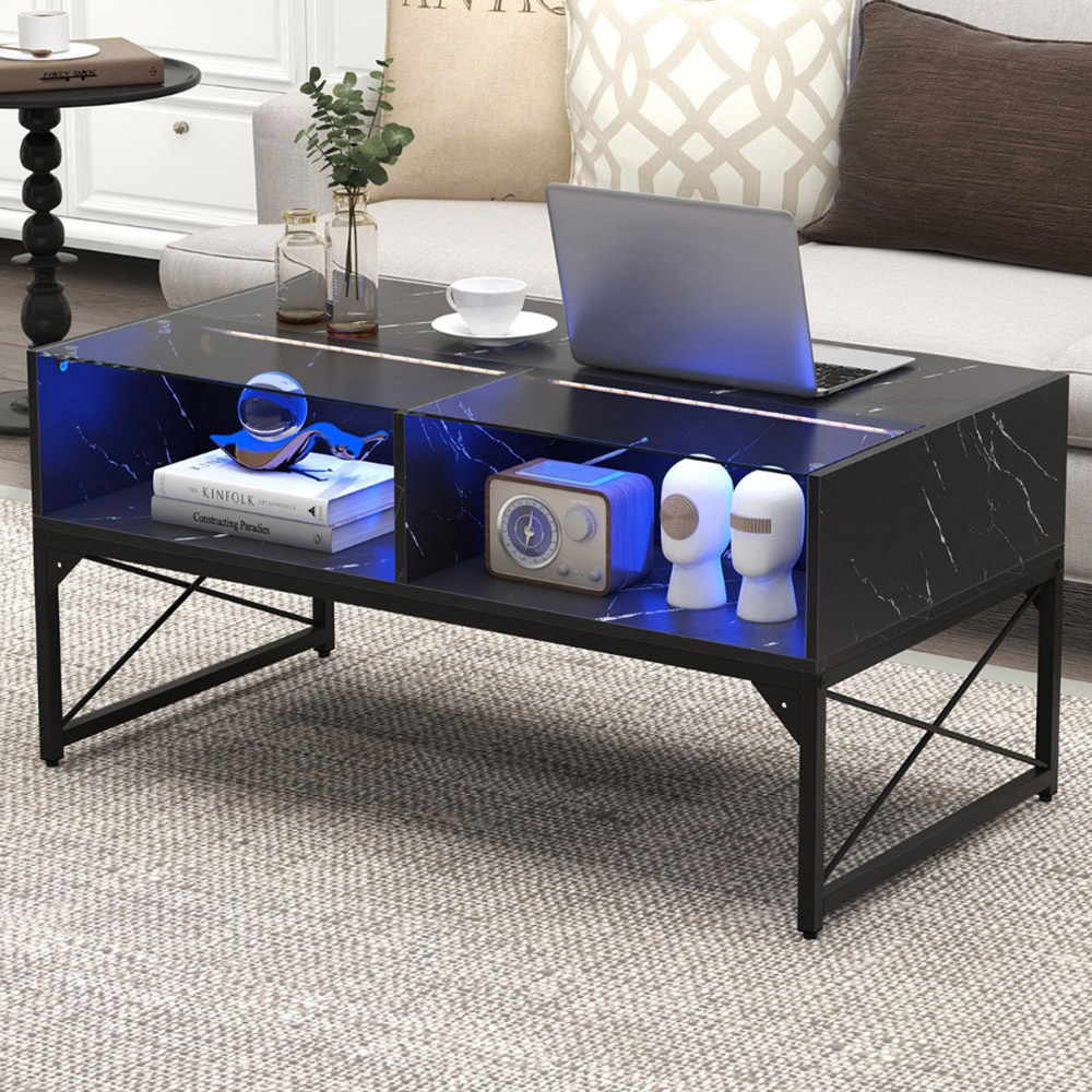 Costway 4 Shelf Black Faux Marble Tempered Glass LED Coffee Table Image 1