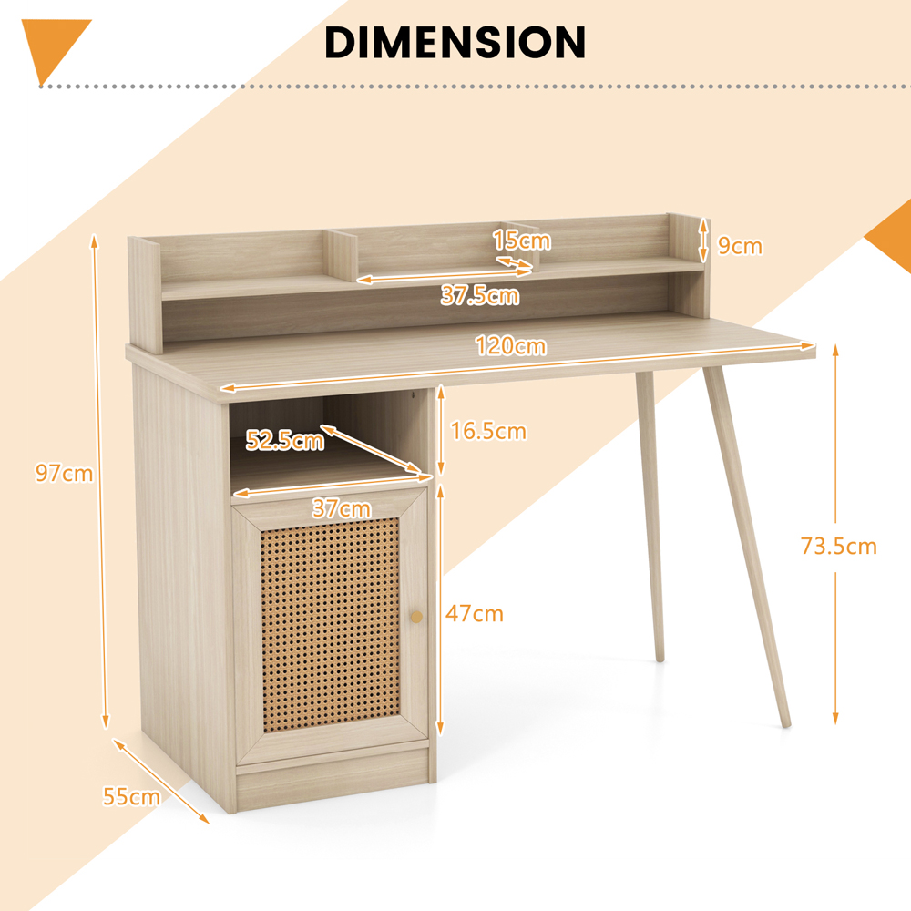 Costway Single Door PE Rattan Computer Desk with Hutch White Oak Image 9