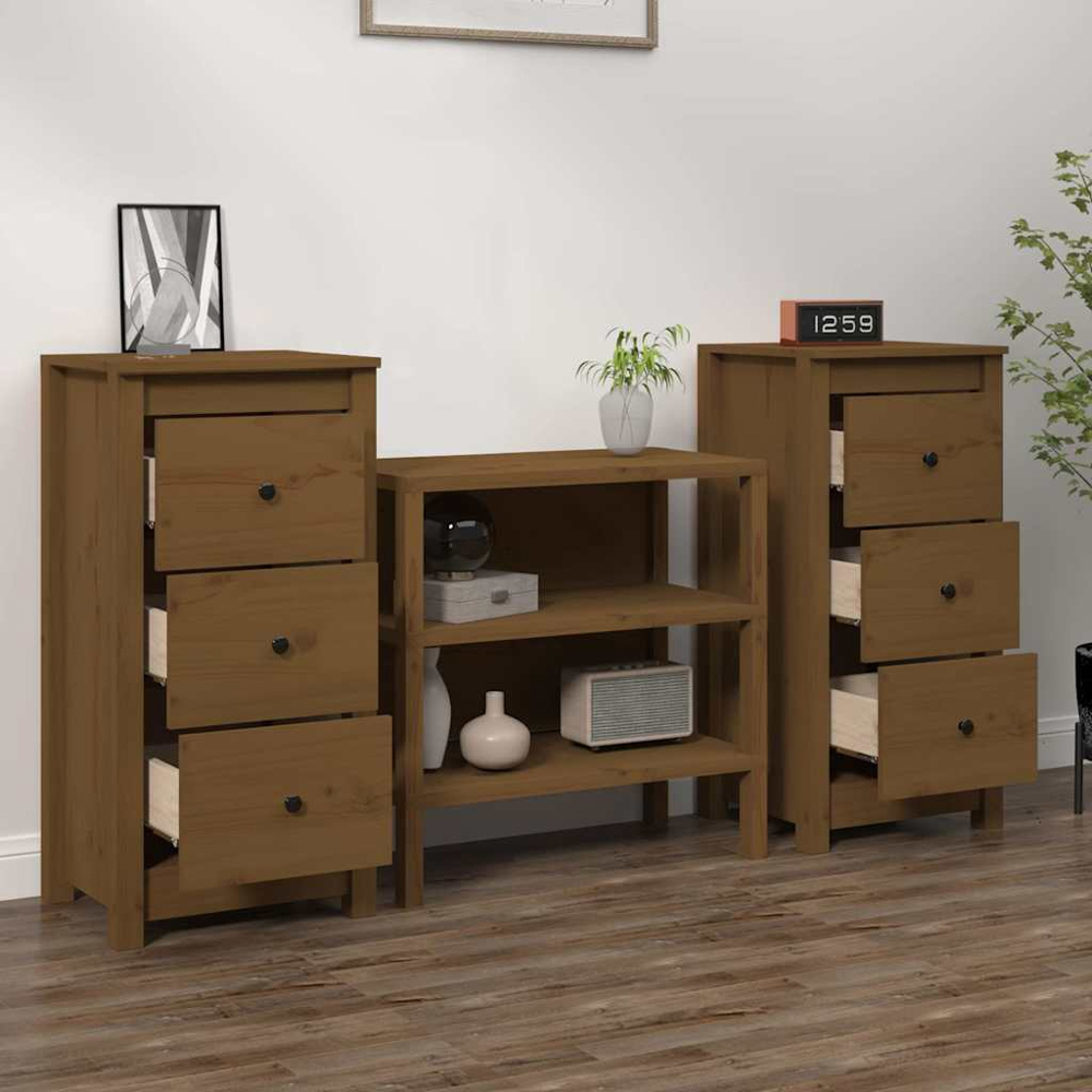 vidaXL 3 Drawer Honey Brown Solid Pine Wood Sideboard Set of 2 Image 3