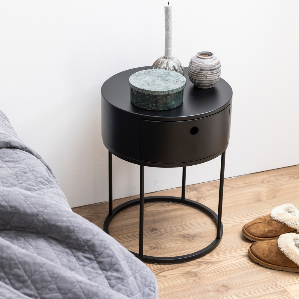 Florence Polo Single Drawer Black Round Bedside Table Image 9