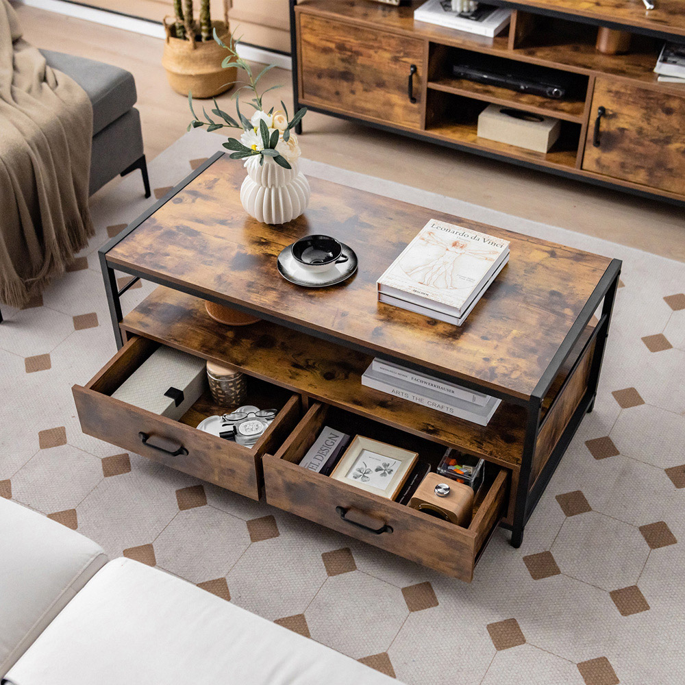 Costway 2 Drawer Single Shelf Rustic Brown Coffee Table Image 5