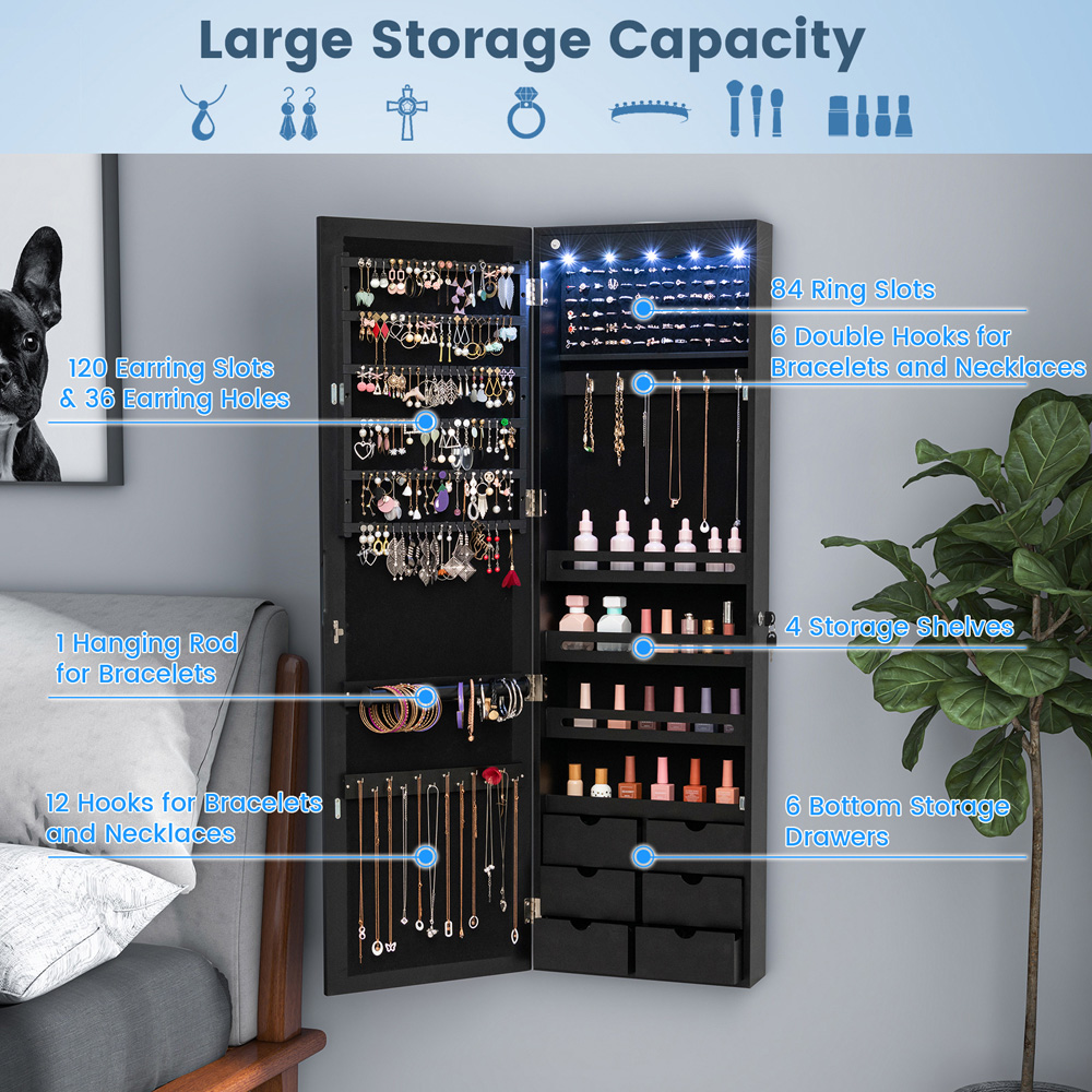 Costway Black Mirror Wall Mounted Jewellery Armoire with LED Lights Image 5