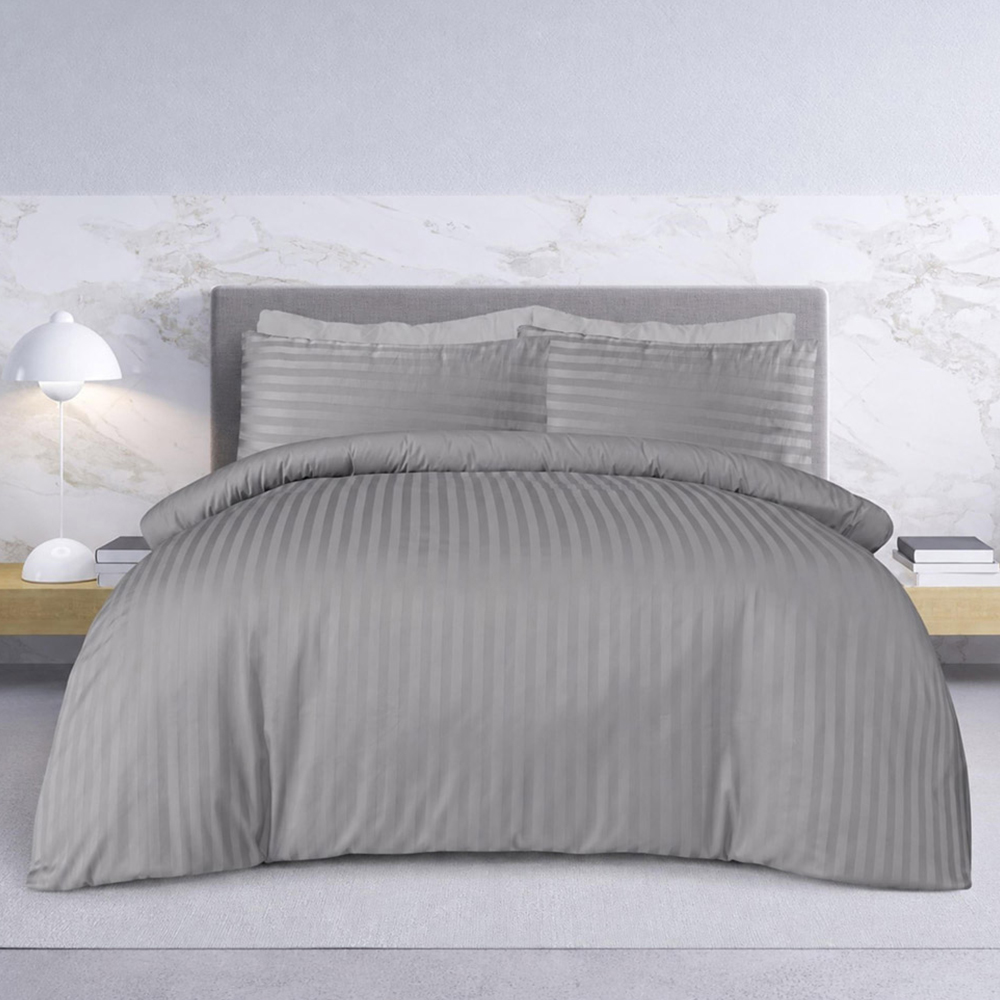 Smart Living Double Grey Satin Stripe Reversible Duvet Cover Set Image 1