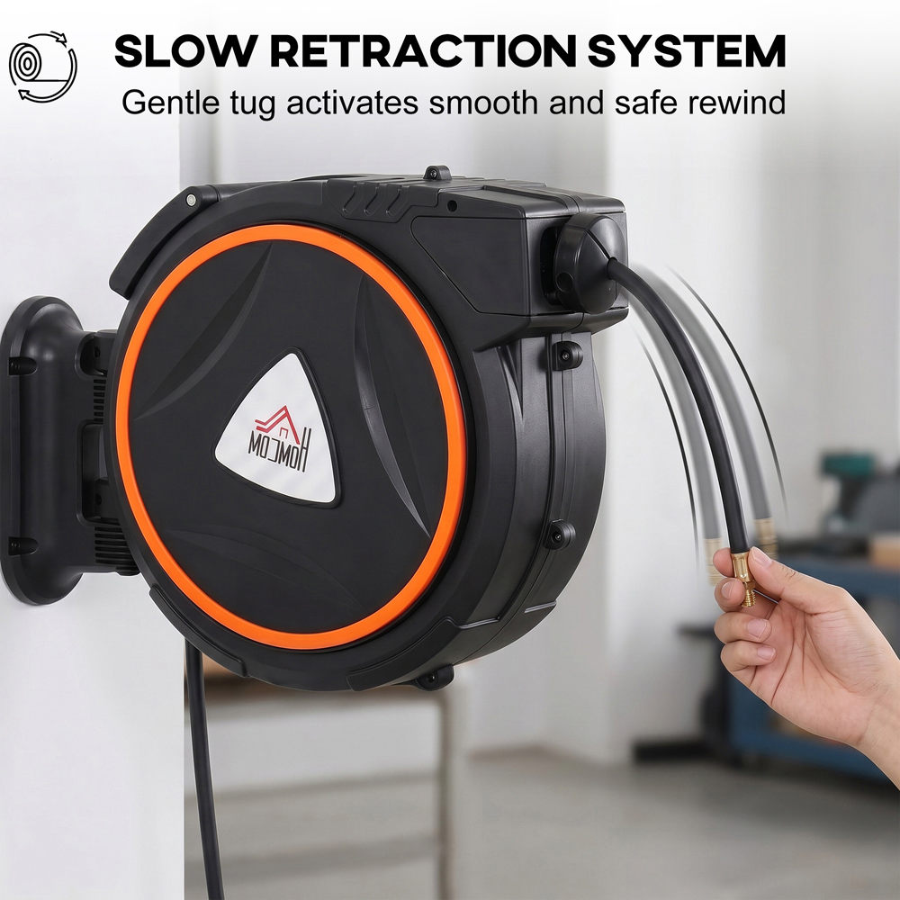 HOMCOM 20m Black Wall-Mounted Auto Rewind Hose Reel with Swivel Bracket Image 6