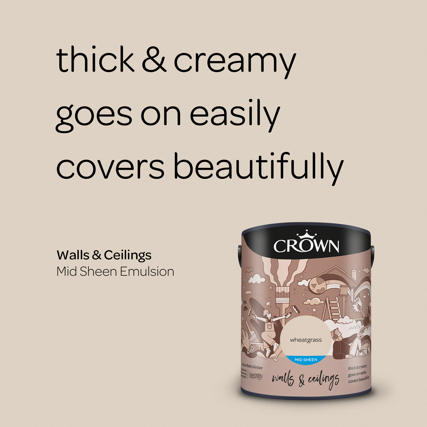 Crown Walls & Ceilings Wheatgrass Mid Sheen Emulsion Paint 5L Image 8