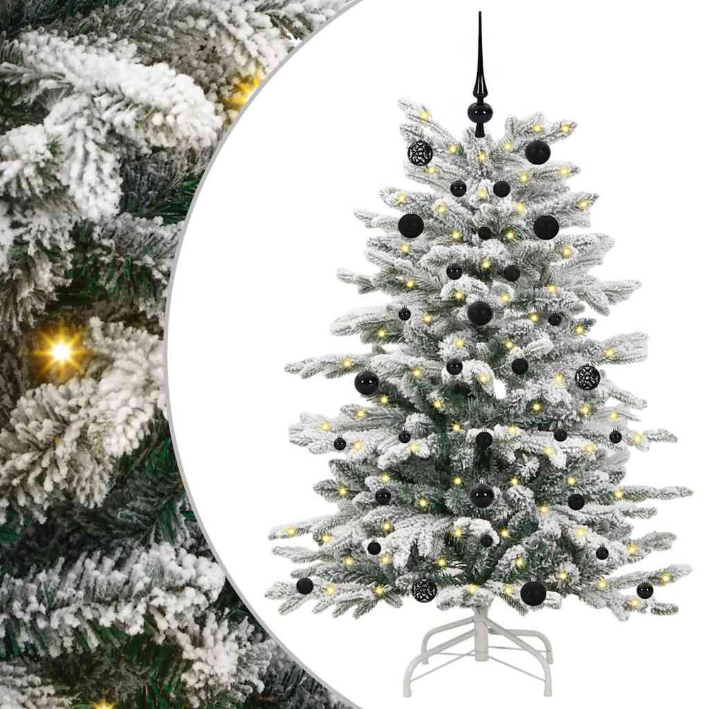 vidaXL Pre-Lit Black Baubles White Artificial Snow Flocked Christmas Tree 5ft Image 2