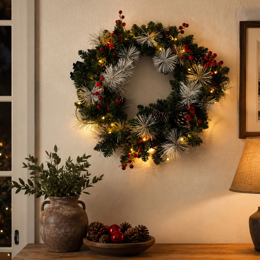 Abrihome 35 Warm White LED Artificial Cypress Christmas Wreath with 120 Tips and 10 Pinecones 50cm Image 3
