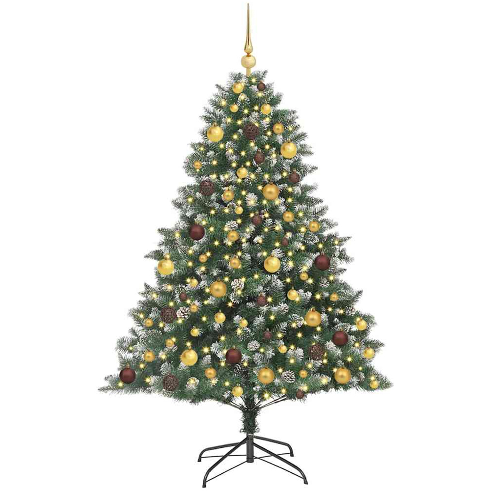 vidaXL Pre-Lit Gold and Bronze Baubles Green Artificial Snow Tipped Christmas Tree 6ft Image 1