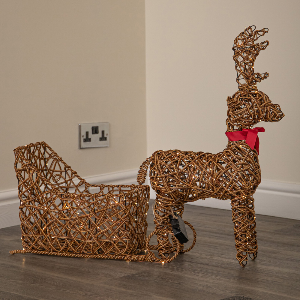 Samuel Alexander 120 Warm White LED Light-Up Rattan Reindeer and Sleigh Christmas Decoration 82cm Image 1